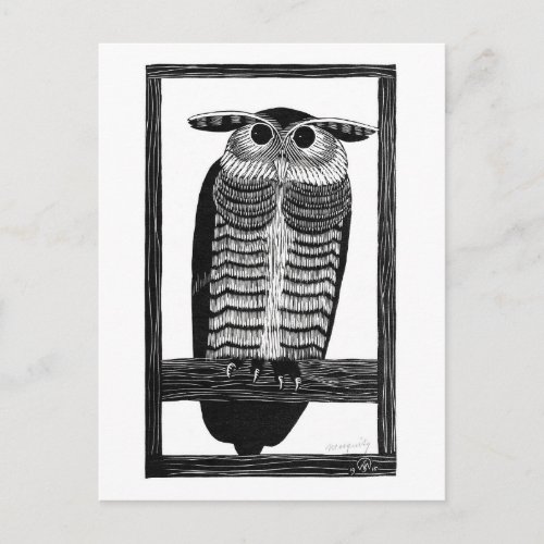 Horned Owl _ Black and White Vintage Art  Postcard