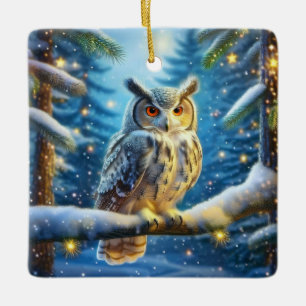 Horned Owl In Snow Covered Forest Ceramic Ornament