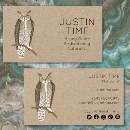 Horned Owl Naturalist Guide Birdwatcher Hike Kraft Business Card