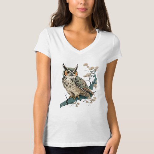 Horned Owl V_Neck T_Shirt Japanese Ukiyo_e Style 