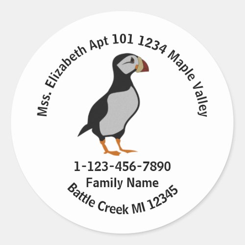 Horned Puffin Standing Cartoon Family Home Address Classic Round Sticker