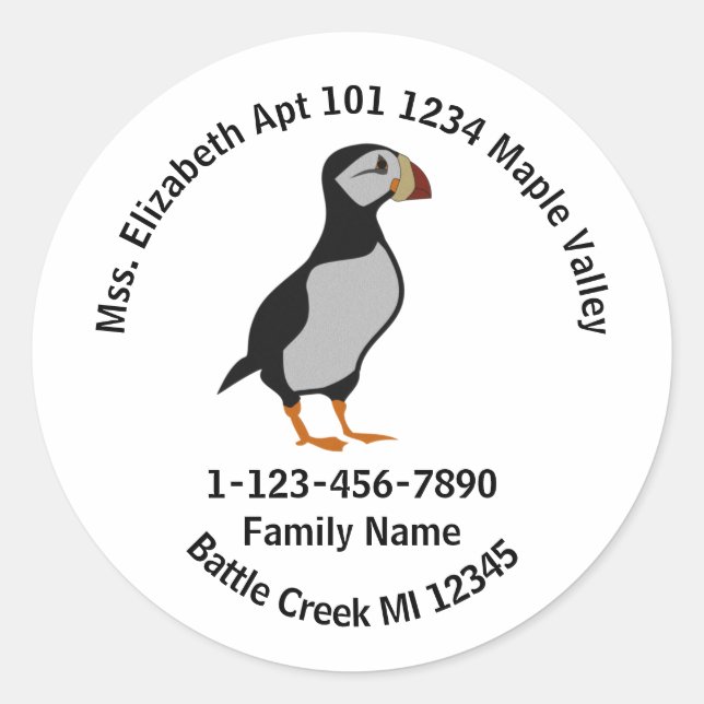 Horned Puffin Standing Cartoon Family Home Address Classic Round Sticker (Front)