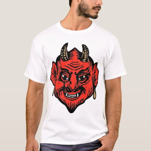 Horned Red Satan Devil Face T_Shirt