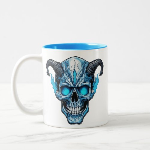 Horned skull with blue fire Two_Tone coffee mug