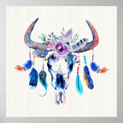 Horns And Flowers On Bull Skull Poster