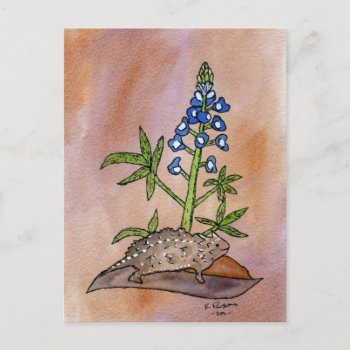Horny Toad With Bluebonnet Postcard by KaliParsons at Zazzle