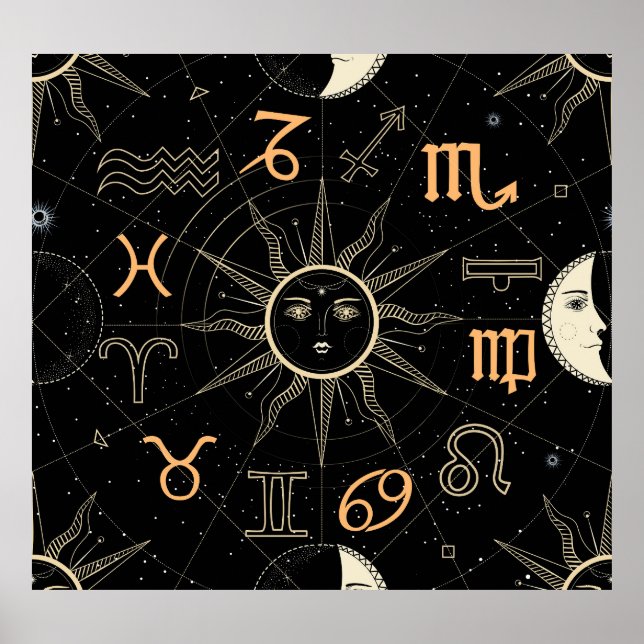 Horoscope circle, Zodiac signs, vintage. Poster (Front)