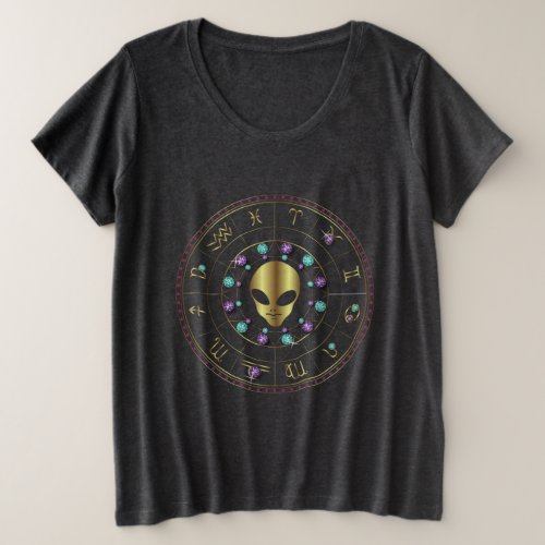 Horoscope Jeweled Design Gold Alien Plus Size T_Shirt