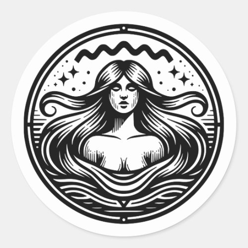 Horoscope Sign Aquarius Symbol Women in Water Classic Round Sticker