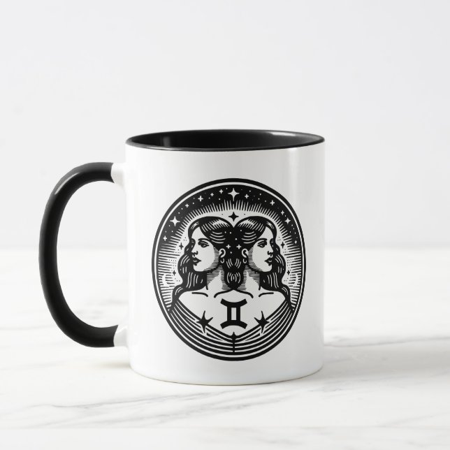 Horoscope Sign Gemini Symbol and Traits Mug (Left)
