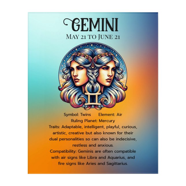 Horoscope Sign Gemini | Twins Astrology Sign Acrylic Print (Front)
