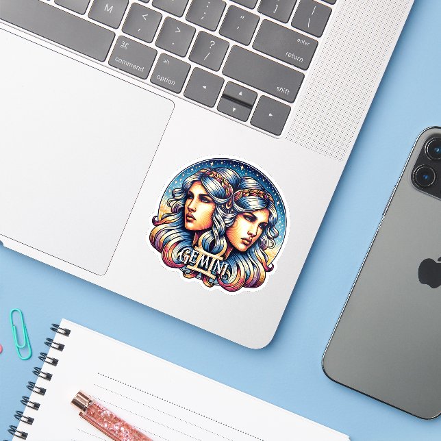 Horoscope Sign Gemini | Twins Astrology Sign Sticker (Laptop w/ iPhone)