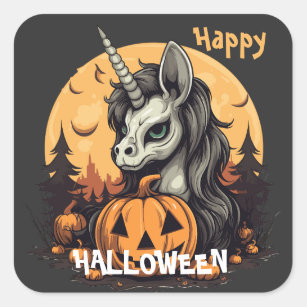 Horrible Zombie Unicorn with a Halloween Pumpkin Square Sticker