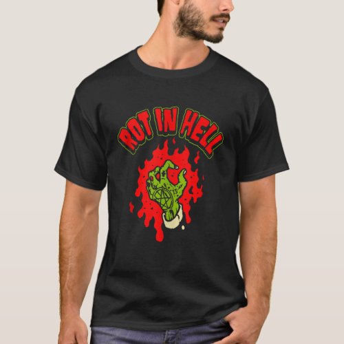 Horror Art Zombie Hand Rot in Hell Psychobilly Pun T_Shirt