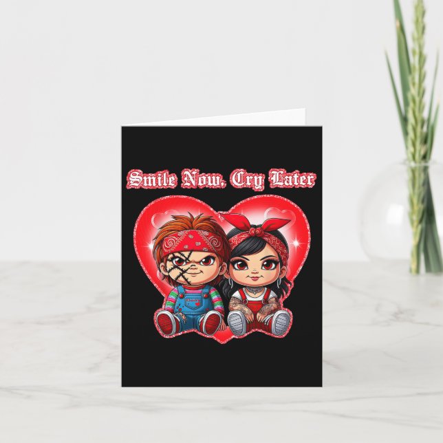 Horror Couple Smile Now Cry Later Chicano Valentin Card (Front)