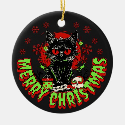 Horror Fan Christmas Cat Ceramic Ornament