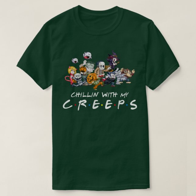 Horror Friends Chillin With My Creeps Halloween Bo T-Shirt (Design Front)