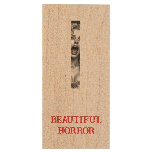 Horror Image Wood Flash Drive (Back (Vertical))