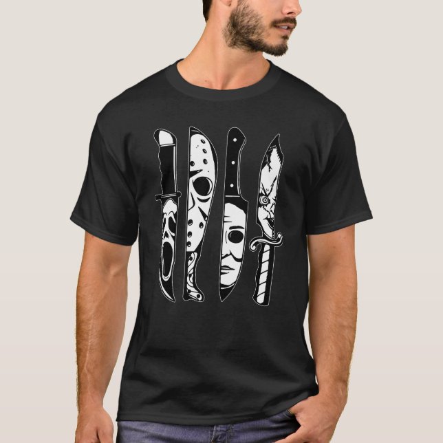 Horror Movie Characters In Knives T-Shirt (Front)