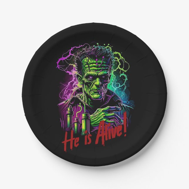 Horror Movie Frankenstein Monster, Halloween Paper Plates (Front)