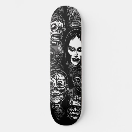 Horror Movie Monster Masks bw Skateboard