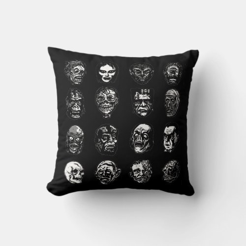 Horror Movie Monster Masks bw Throw Pillow