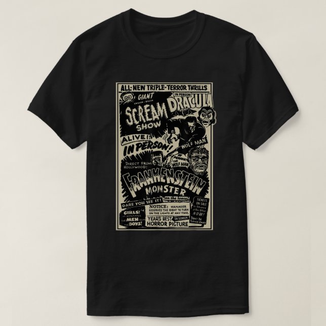 Horror Movie Monsters Mummy Wolfman Dracula Franke T-Shirt (Design Front)