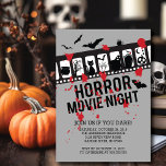 Horror Movie Night Filmstrip Halloween Party Invitation<br><div class="desc">Spooky Horror movie invitation black & white filmstrip with a black cat,  tombstone,  jack o lantern,  ghost & flying bats set on a blood splattered gray background.</div>