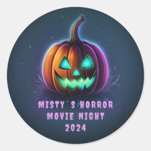 Horror movie night neon jack o lantern classic round sticker