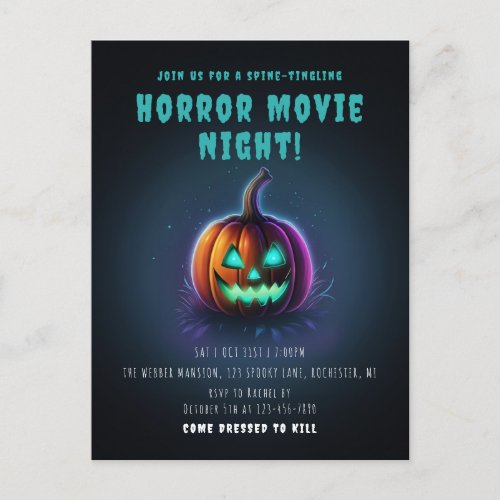 Horror movie night neon jack o lantern invitation postcard