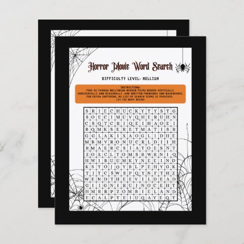 Horror Movie Word Search for Adult Halloween Party