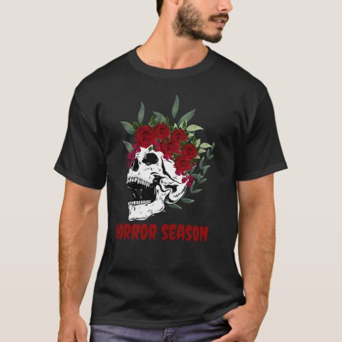 Horror Season Skull Red Roses Design  T_Shirt