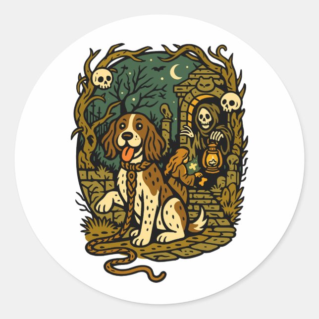 Horror Spooky Skeleton Dog Aesthetic Classic Round Sticker (Front)