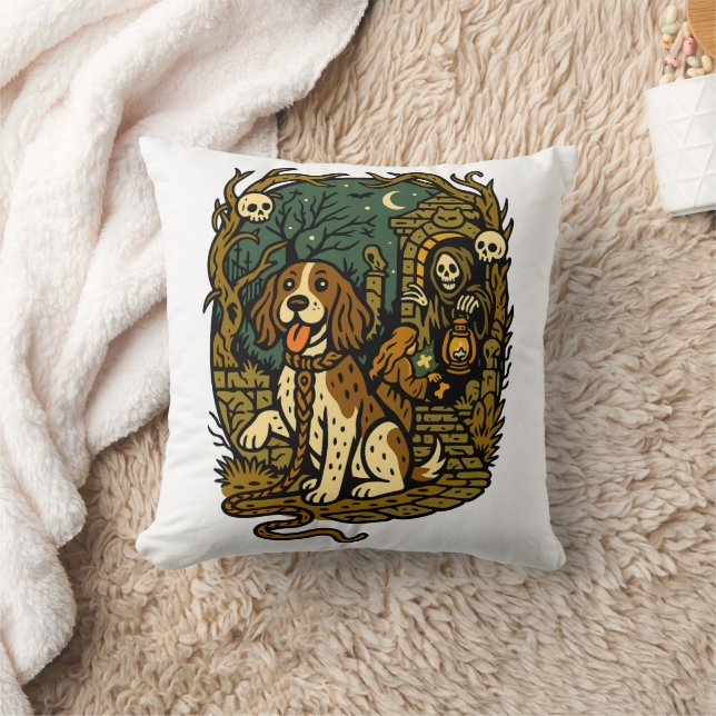 Horror Spooky Skeleton Dog Aesthetic Throw Pillow (Blanket)