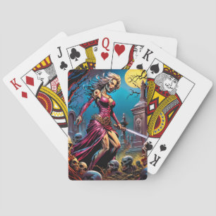 Horror Zombie Girl With Sword Poker Cards