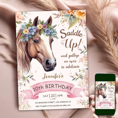 Horse 10th Birthday CowGirl Floral Saddle Up  Invitation