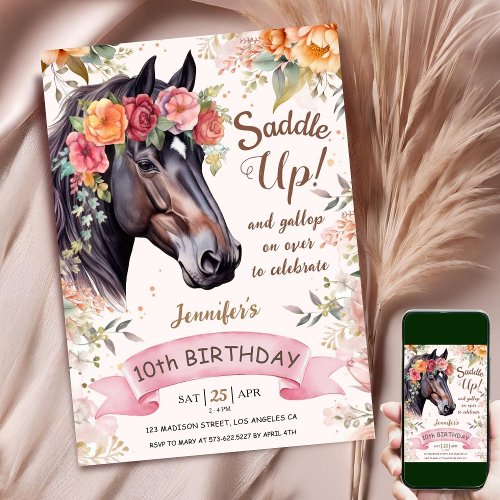 Horse 10th Birthday Girl Floral Cowgirl Saddle Up Invitation