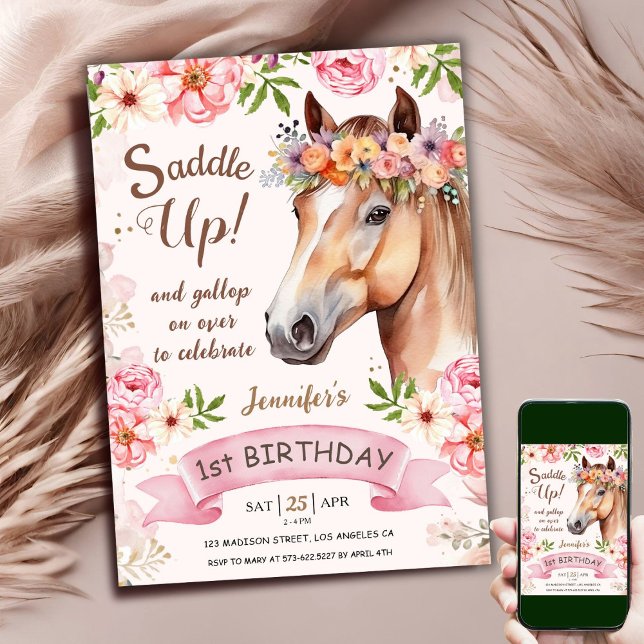 Horse 1st Birthday CowGirl Pink  Floral Saddle Up! Invitation (Creator Uploaded)