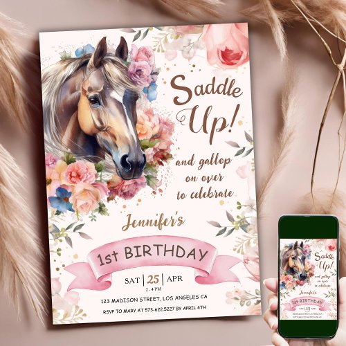 Horse 1st Birthday CowGirl Pink Saddle Up   Invitation