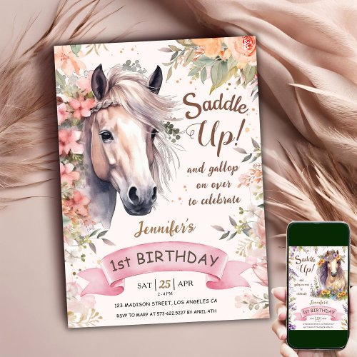 Horse 1st Birthday Girl Floral Wild Saddle Up  Invitation