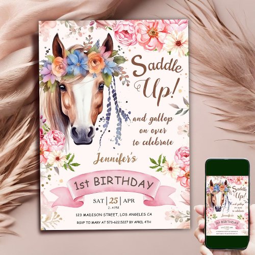 Horse 1st Birthday Girl Pink Floral Cowgirl  Invitation