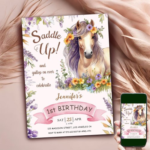 Horse 1st Birthday Girl Purple Floral Saddle Up In Invitation