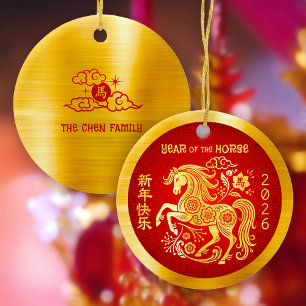 Horse 2026 Chinese Lunar New Year Gold Foil Red Ceramic Ornament