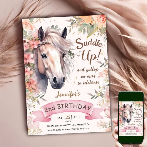 Horse 2nd Birthday Girl Wild Floral Saddle Up Invitation