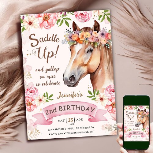 Horse 2nd Birthday Pink Rose Flowers Saddle Up Invitation