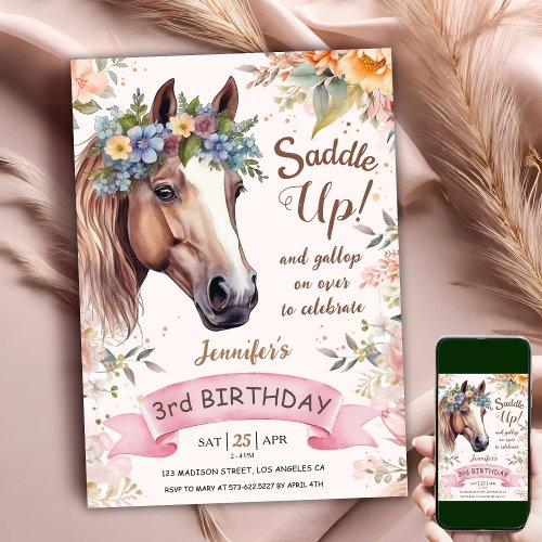 Horse 3rd Birthday CowGirl Floral Saddle Up Invita Invitation