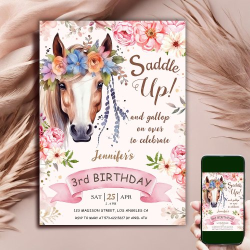 Horse 3rd Birthday Girl Boho Flowers Saddle Up Invitation