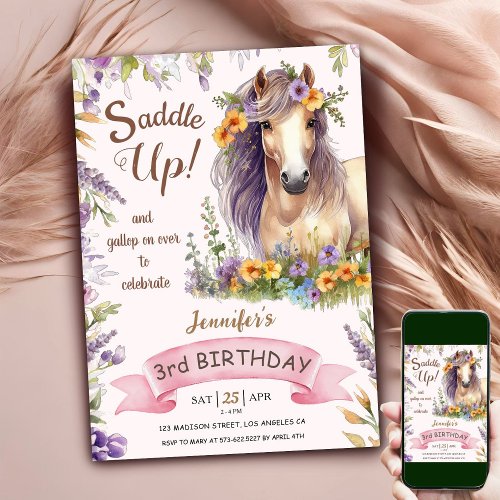 Horse 3rd Birthday Girl Purple Floral Saddle Up In Invitation