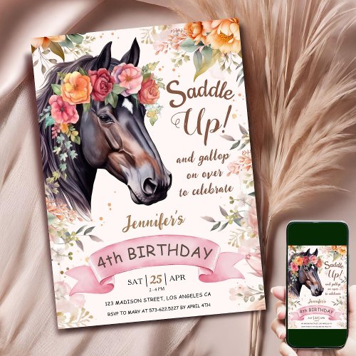 Horse 4th Birthday Cowgirl Pink Floral Saddle Up I Invitation