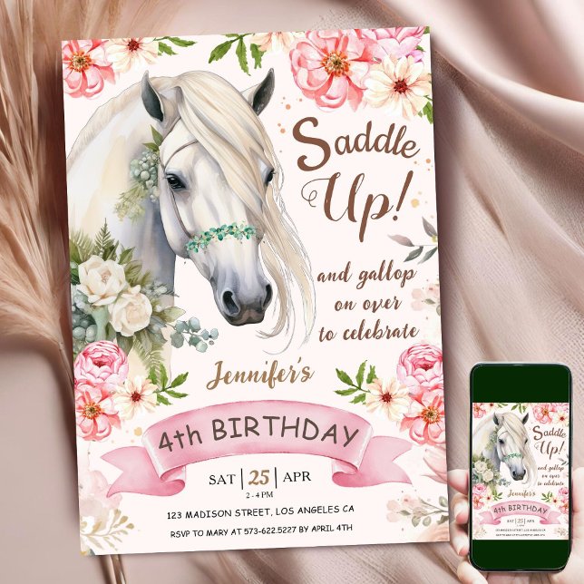 Horse 4th Birthday Girl Pink Flowers Saddle Up Invitation (Creator Uploaded)